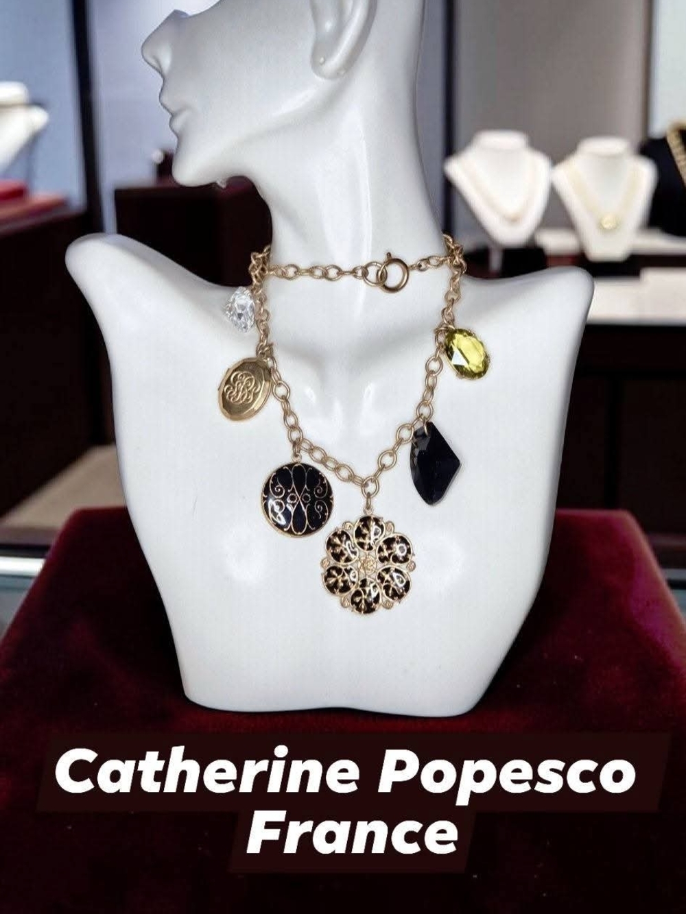 Vintage Catherine Popesco France Enamel & Crystal Multi-Charm Necklace